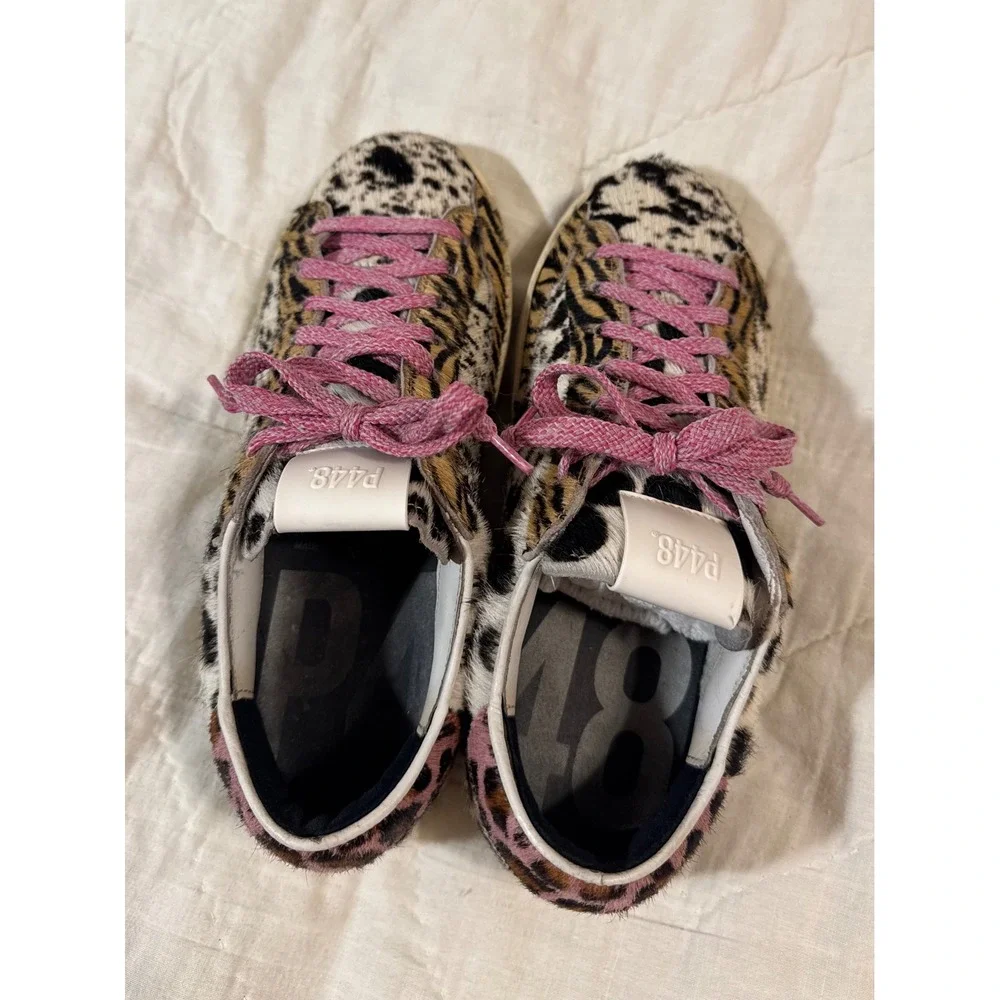 P448 John Animal Print Calf Hair Low Top Sneakers Multi Pattern Pink Laces 38